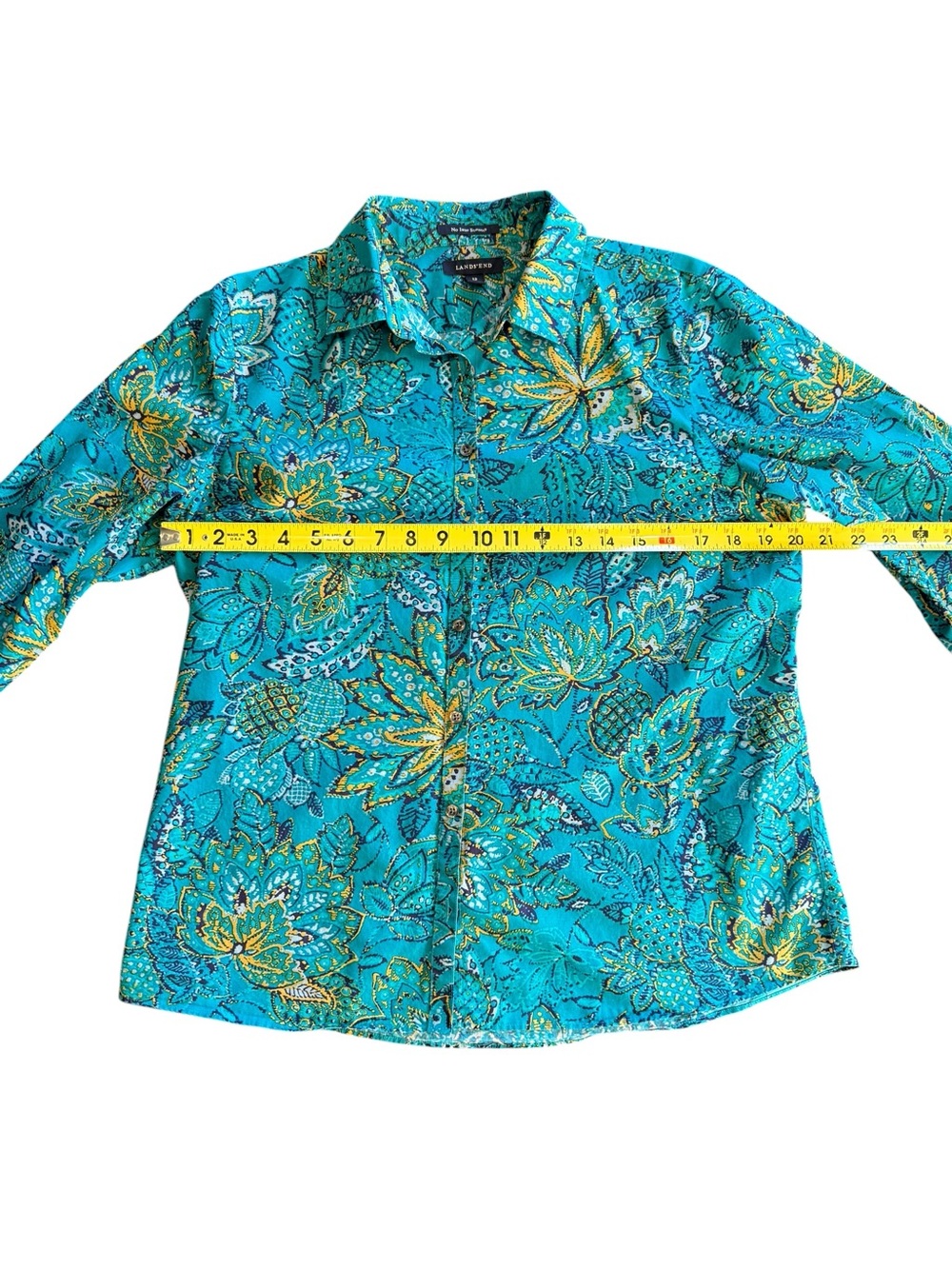 Lands' End Turquoise Floral Button-Front Blouse Size 12 - Picture 6 of 11